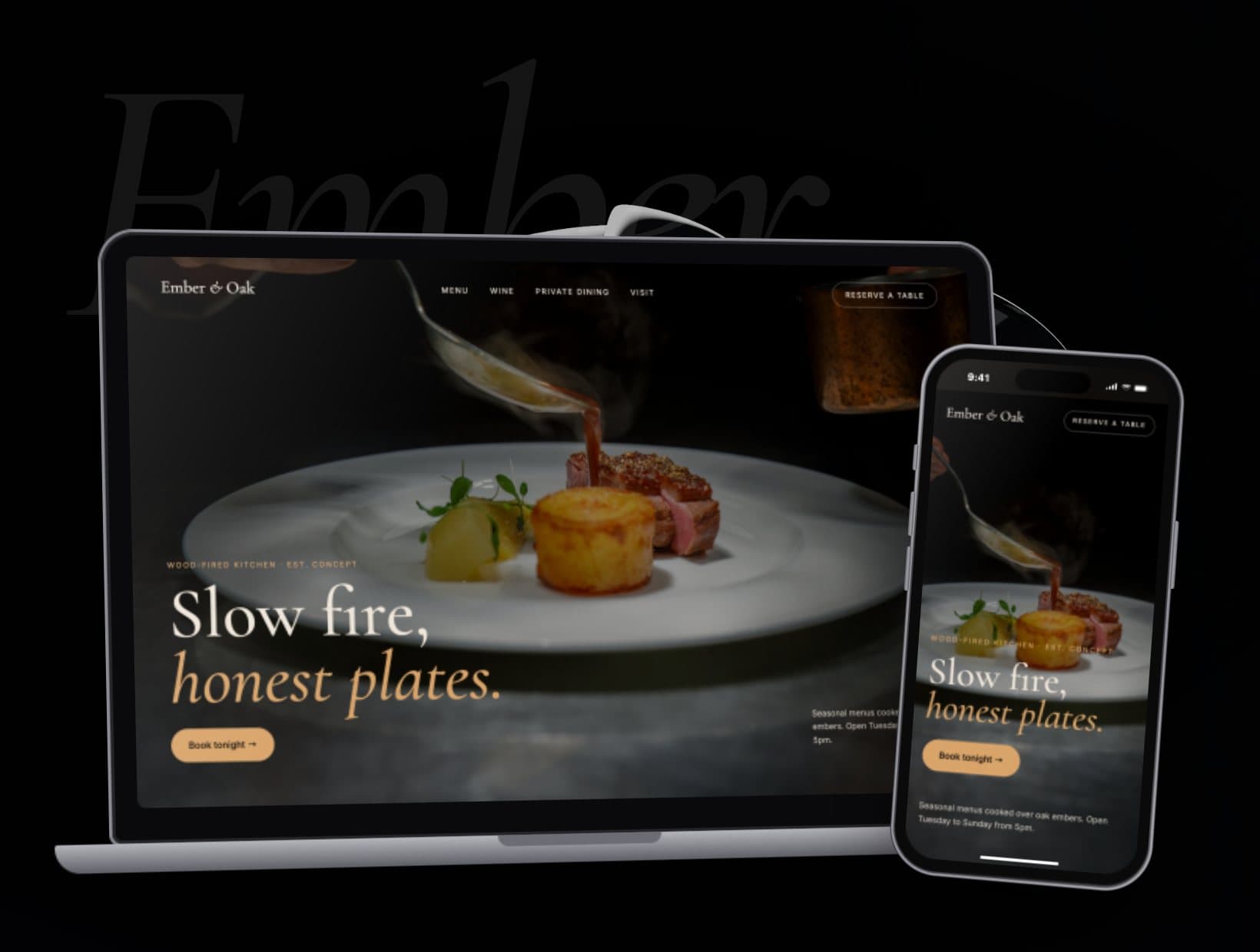 Ember & Oak concept restaurant website on a laptop and phone