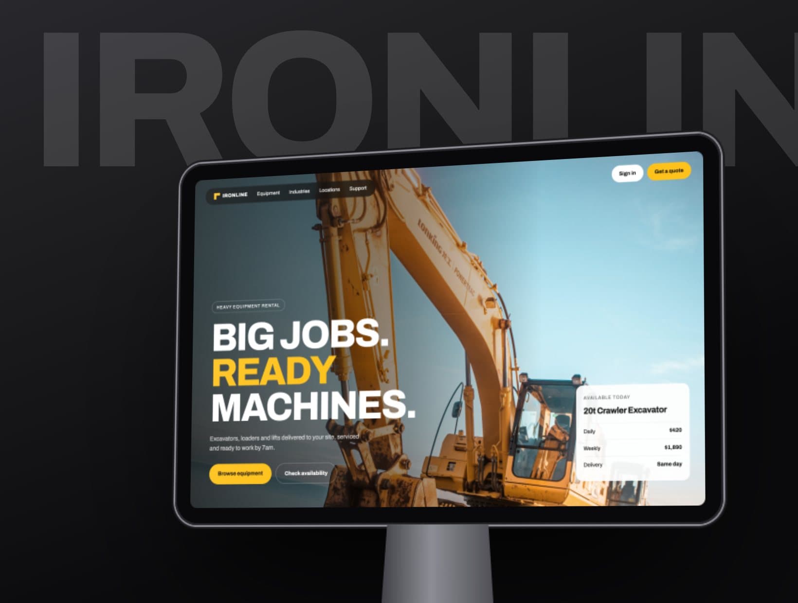 Ironline concept equipment-rental website on a desktop monitor